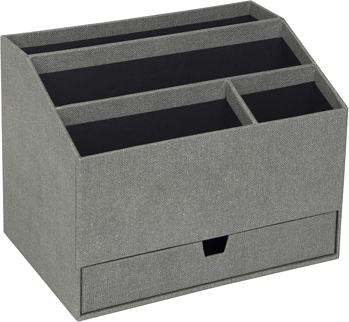 Bigso Greta Desktop Organizer - Durable Office Desk Organizer for Office Supplies and Accessories - 4 Compartments and Drawer for Customized Organizing - 9.4in x 6.2in x 7.2in - Grey