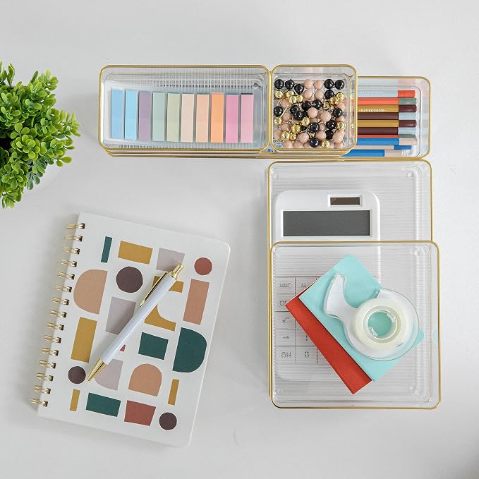 Martha Stewart Kerry Stackable Desk Drawer Organizers, Clear/Gold, 6-Pack | Various Sizes, Gold Trim, Stackable