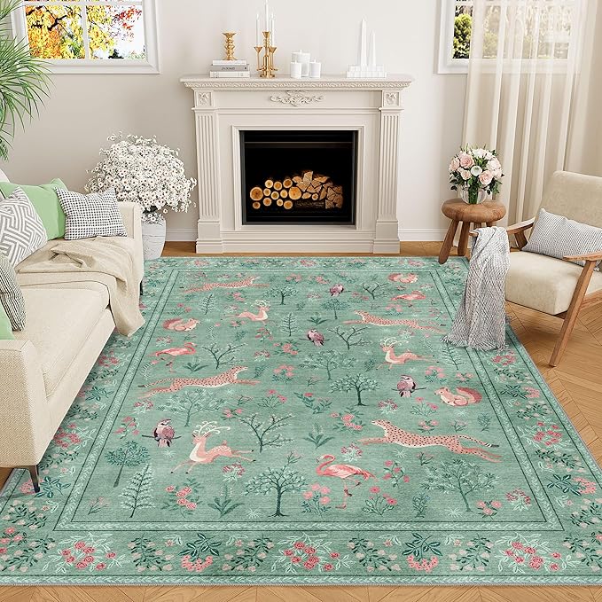 DUKINO 5x7 Rug, Washable Animal Living Room Rug with Non Slip Vintage Design, Soft Low Pile Large Carpet for Bedroom, Nursery, Dining Room, Farmhouse, Playroom, Teal