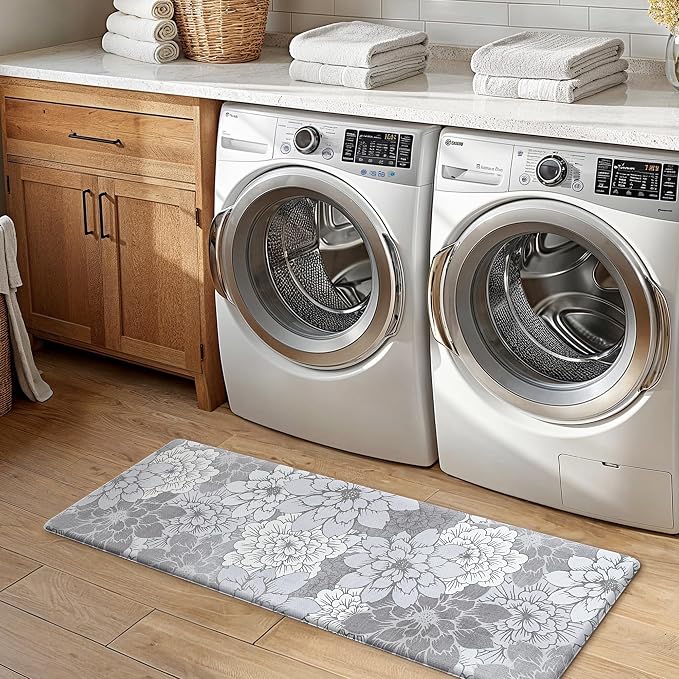GENIMO Anti Fatigue Kitchen Mats for Floor 2PCS, Cushioned Standing Mats | 17.3"x47"&17.3"x30", Lavender Grey vintage floral rug set, waterproof, non slip, easy-clean for farmhouse