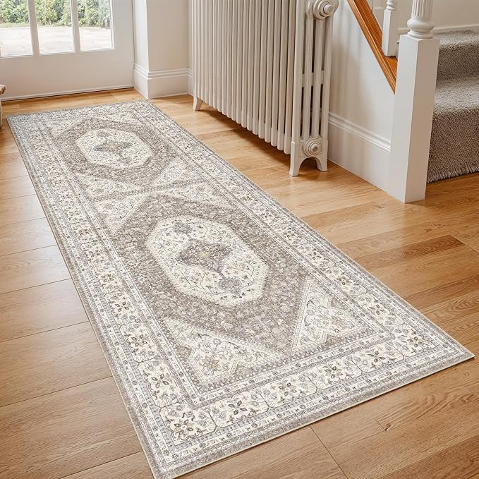 3x6 Washable Hallway Runner Rug:Oriental Indoor Kitchen Rugs Vintage Door Mat Non Slip with Rubber Backing Low Pile Thin Carpet for Bedroom Bathroom Living Room Bedside (3x6 Brown/Beige)