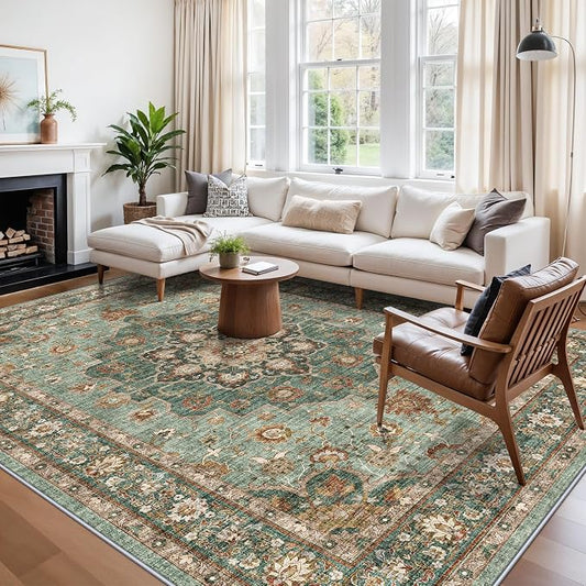 TOPRUUG Washable 10x13 Area Rug - Ultra Soft Living Room Area Rug Under Sofa Non-Slip Rugs for Bedroom Dining Room - Stain Resistant Farmhouse Decor for Family with Pets & Kids (Green, 10x13)