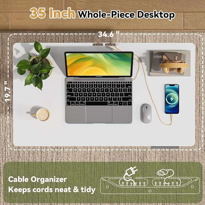 Gibbon Mounts 35” Rolling Standing Desk with Drawer & Wheels, White | 18mm One-piece Electric Height Adjustable Desk with Cable Clip on Lockable Wheels, Small Mobile Rising Laptop Workstation