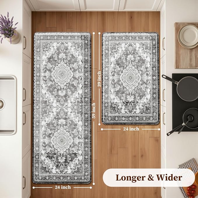 Boho Kitchen Mats for Floor 2 Piece Set Anti Fatigue Cushioned PVC Kitchen Rugs Non Slip Waterproof Farmhouse Mats 2/5 Inch Comfort Standing Mat for Sink, Laundry, 23.6"x39"+23.6"x59", Dark Grey