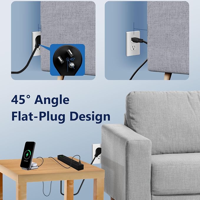 LIDER Outlet Extender with 4 Receptacles, USB-A & 2 USB-C, 45 Degree Angle Ultra-Thin Flat-Plug, 4-Outlet Power Strip, Surge Protector 1500 Joules, 5ft Cord, 1250W, ETL Listed, Matte Black