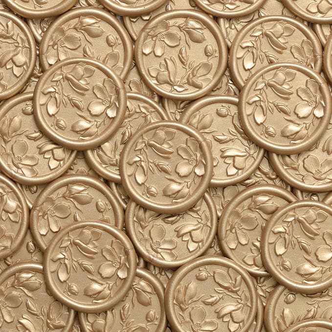 UNIQOOO Wax Seal Stickers - 3D Magnolia Wedding Invitation Envelope Botanical Seal Stickers, 50 Pcs Self- Adhesive Light Gold Stickers, Perfect for Invitation, Christmas, Gift Wrapping, Party