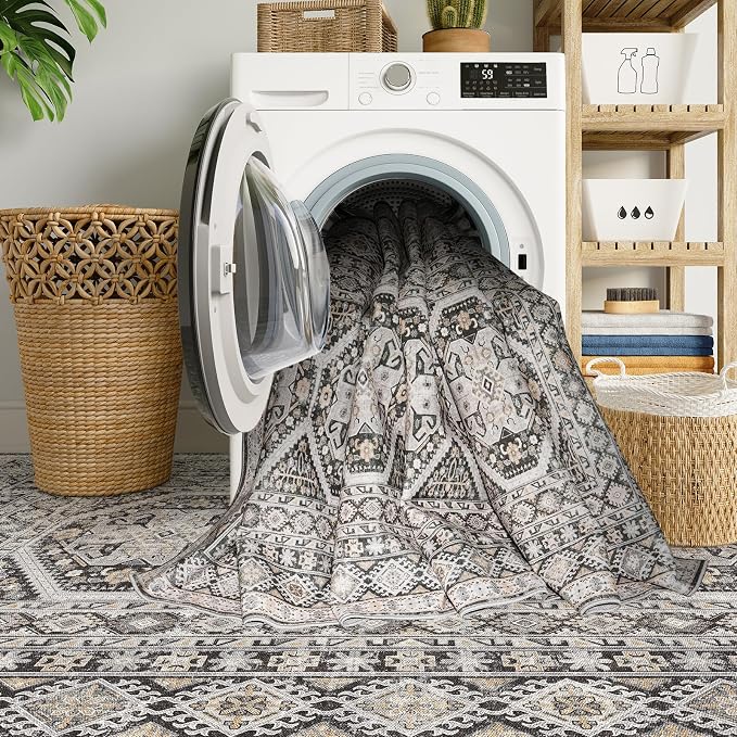 3x20 Runner Rug Kitchen Washable:Oriental Indoor Hallway Runners with Non Slip Backing Floor Mat for Entryway Door Low Pile Thin Carpet for Bedroom Bathroom Living Room Bedside (Black, 3x20)
