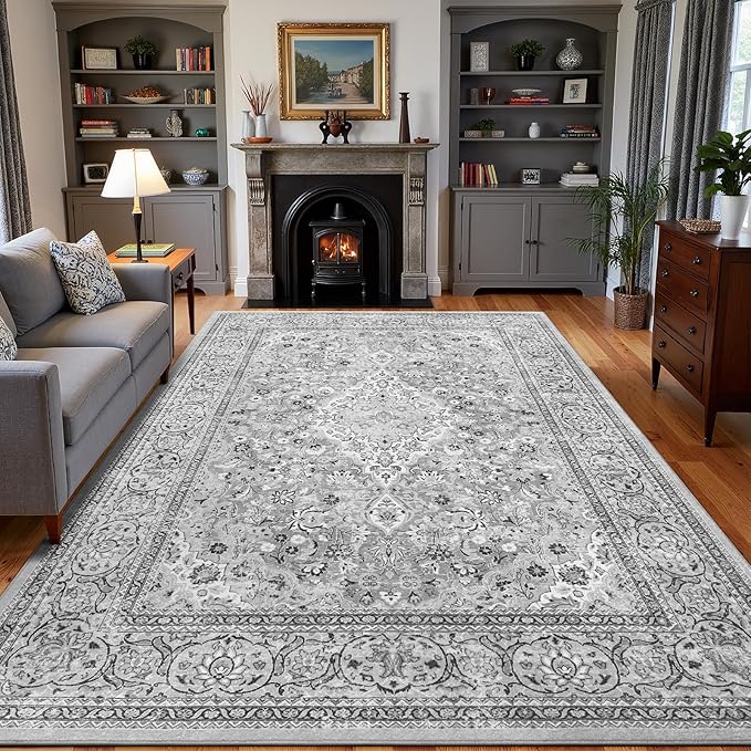 Grey Washable Boho Area Rug, 6x9 Vintage Floral Non Slip Rugs for Living Room Bedroom, Soft Low Pile Indoor Mat, Aesthetic Pattern Carpet for Kitchen and Dining Room