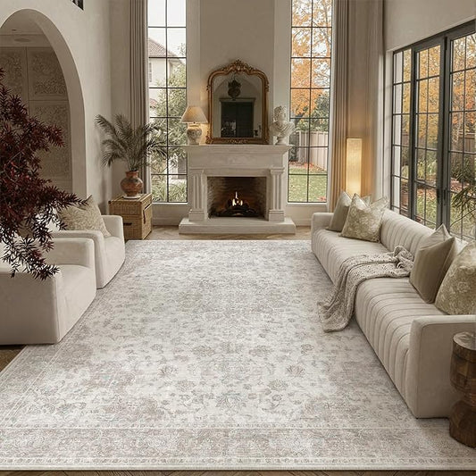 PureCozy 12x15 Area Rug Washable Neutral Beige Vintage Living Room Bedroom Carpet Non Slip Low Pile Soft Floral Indoor Large Throw Rug for Dining Room Office