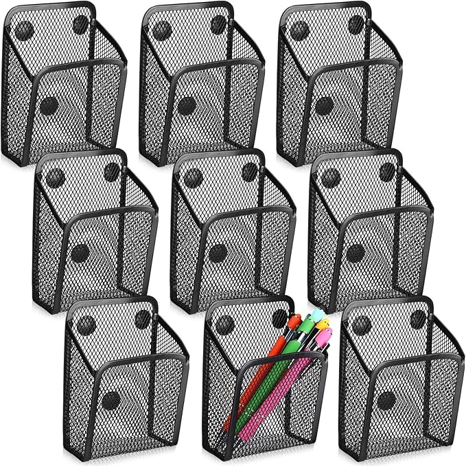 Yexiya Magnetic Pencil Holder Metal Magnetic Basket Mesh Pen Holder Black Desk Organizer for Work Whiteboard Refrigerator Locker Office Accessories(9 Pcs)