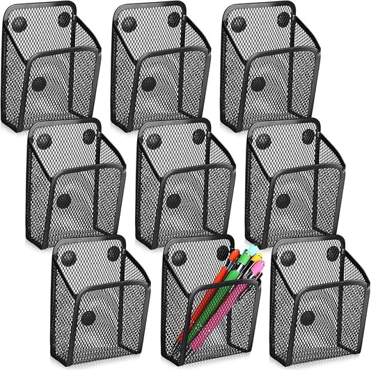 Yexiya Magnetic Pencil Holder Metal Magnetic Basket Mesh Pen Holder Black Desk Organizer for Work Whiteboard Refrigerator Locker Office Accessories(9 Pcs)