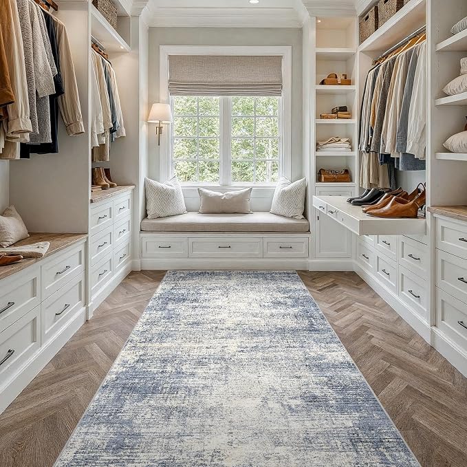 4x8 Hallway Washable Runner Rug - Non-Slip Kitchen Rugs with Rubber Backing Abstract Neutral Low-Pile Carpet Runners for Laundry Room Home Decor Bedroom Bathroom Entryway (Blue Gray,4x8)