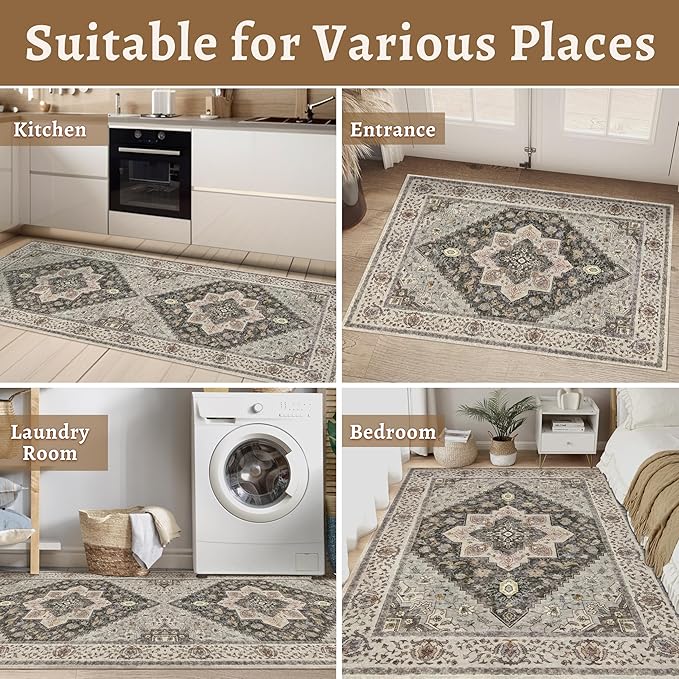 Tangsoo 2.6x10 Hallway Runner Rugs, Washable Runner Rug for Hallways Non Slip Farmhouse, Vintage Soft Low Pile Long Rug Runner, Indoor Carpet Runners for Living Room Kitchen Bedroom Entryway Grey