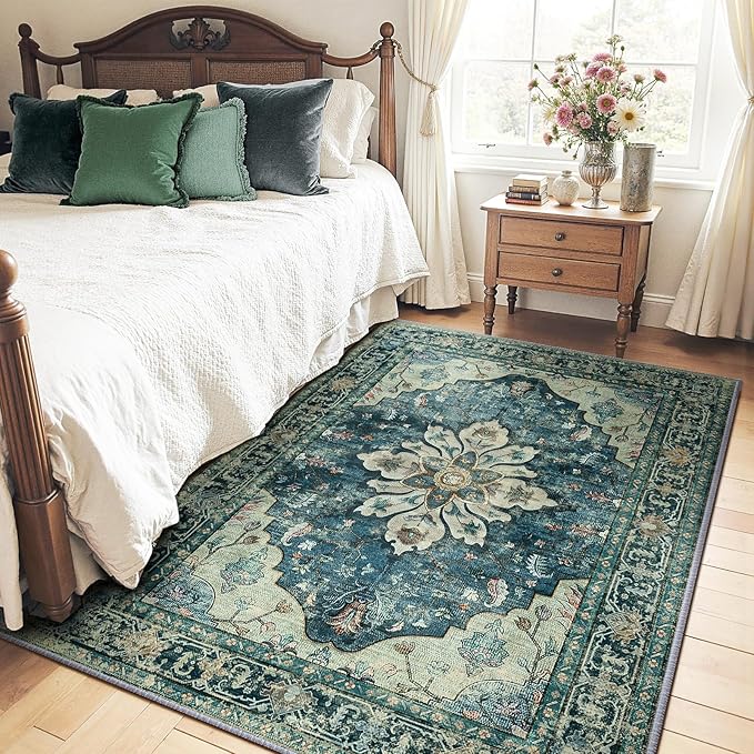 RELEANY Area Rugs 5'x7' Washable Non-Slip, Floral Vintage Distress Medallion Carpet for Living Room Bedroom Dining Room, Dark Blue Vintage
