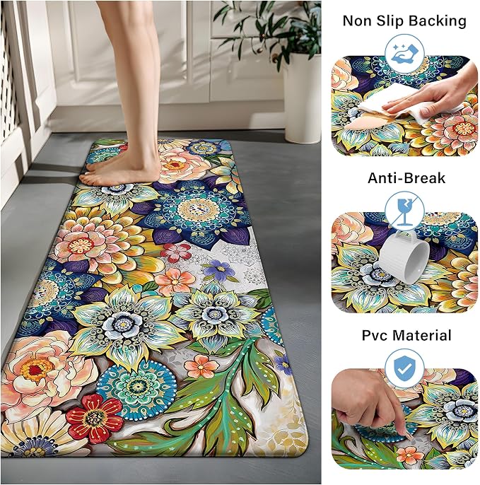 Floral Kitchen Runner Rug Mat for Floor Boho Cushioned Anti-Fatigue Mat Non-Slip Standing Desk Waterproof Comfort Floor Mat for Sink, Office, Laundry, 17.3x47 Inch