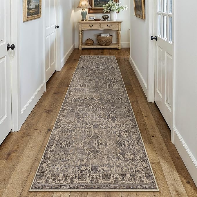 HUGEAR 3x8 Runner Rug Hallway Retro Brown Machine Washable Vintage Floral Low Pile Carpet Vacuumable Distressed Long Throw Rug Bedroom Office Bathroom Kitchen Laundry Non Slip Soft Lightweight