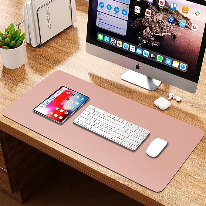 WAYBER Leather Desk Pad Protector, Waterproof Mouse Pad, PU Desk Mat, Office Desk Cover, Desk Writing Mat for Office/Home/Work/Cubicle (Pink/Silver) 23.6x13.7in