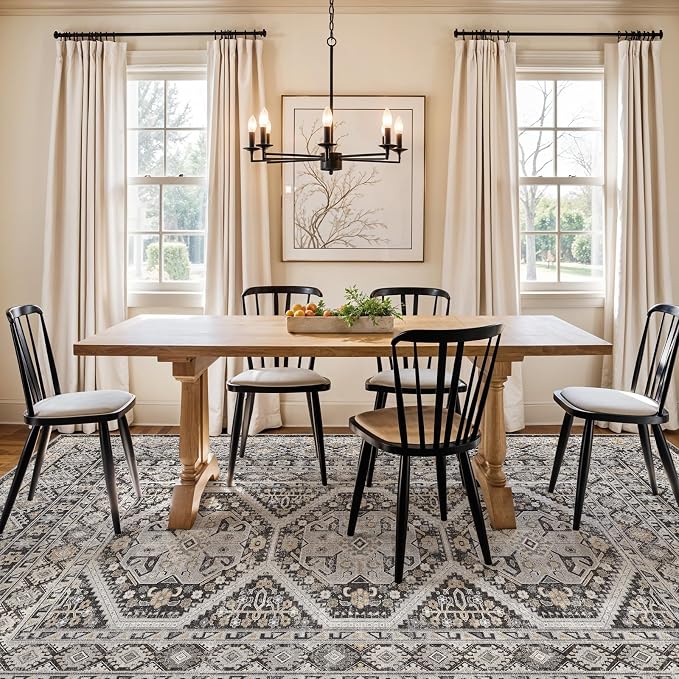 6x9 Area Rugs for Living Room:Washable Oriental Rug for Bedroom Dining Room Carpet 6 by 9 Indoor Non Slip Rubber Backing Neutral Nursery Dorm Home Office Kids Beige (Black, 6x9)