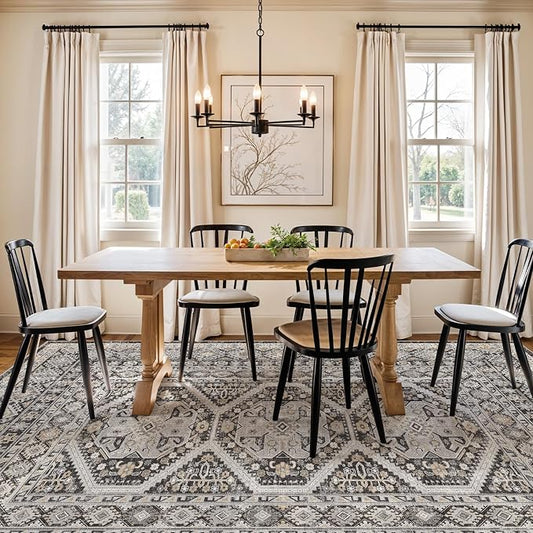 6x9 Area Rugs for Living Room:Washable Oriental Rug for Bedroom Dining Room Carpet 6 by 9 Indoor Non Slip Rubber Backing Neutral Nursery Dorm Home Office Kids Beige (Black, 6x9)