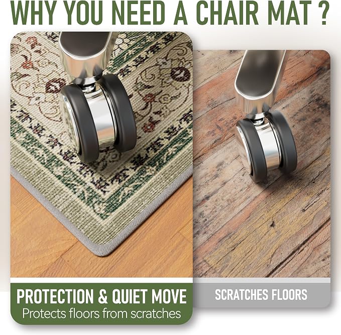 48"x60" Office Chair Mat for Hardwood, Under Desk Chair Mat for Home Office, Anti-Slip Office Rugs for Rolling Chairs, Floor Protector Washable Rugs Green