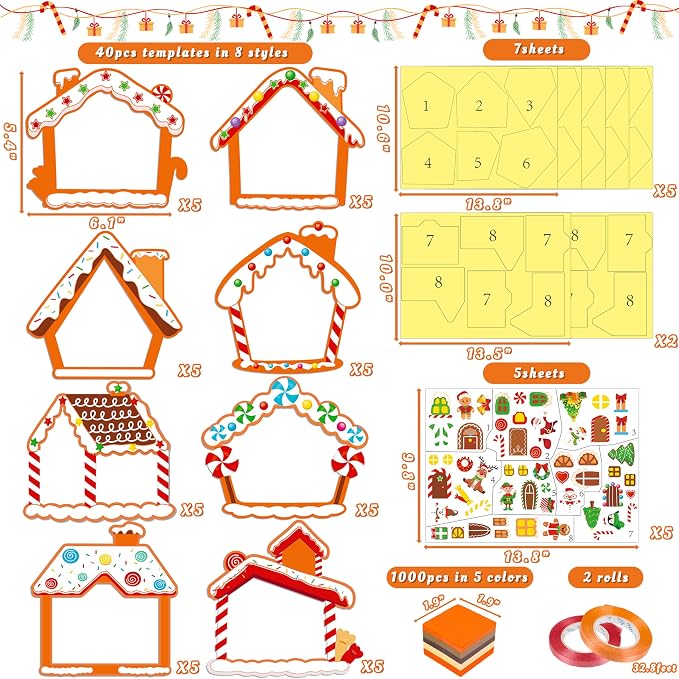 Renbuzhu 40PCS Christmas Crafts Bulk: Gingerbread House Paper Suncatchers DIY Kit for Winter Xmas Holiday Activities Decorations, Window Stained Glass Effect Art Ornaments