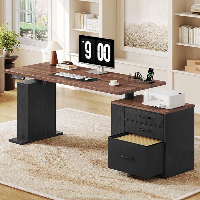 75.5'' Electric Standing Desk with Drawers, Farmhouse Height Adjustable Corner Desk, Sit Stand Office Desk with 4 AC Outlets & Type C Port, Executive Computer Desk, Brown & Black