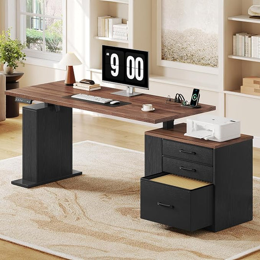 75.5'' Electric Standing Desk with Drawers, Farmhouse Height Adjustable Corner Desk, Sit Stand Office Desk with 4 AC Outlets & Type C Port, Executive Computer Desk, Brown & Black