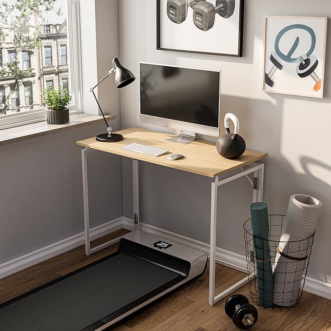 Folding Desk - 39.4” Wood Top Foldable Desk for Small Spaces | No Assembly Required Compact Desk for Home Office, Writing, and Study