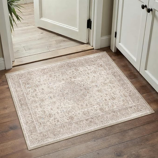 PureCozy Beige Area Rug 2x3 Washable Vintage Entryway Carpet Low Pile Non Slip Distressed Door Mat Soft Traditional Retro Oriental Small Accent Throw Rug for Kitchen Bedroom Office Bathroom Laundry