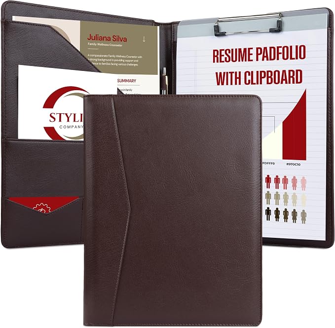 STYLIO Padfolio Folder with Removable Clipboard | Walnut (Brown) Color| Portfolio Organizer | Binder with Storage for Notebook, Notepad | Nursing Clipboard Folio | Vegan Leather