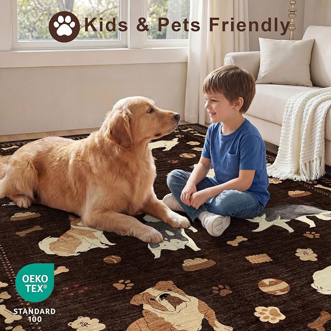 DUKINO 4x6 Area Rug, Non Slip Washable Rug for Living Room with Low Pile Design, Lightweight & Non Shedding Animal Dog Print Indoor Soft Carpet for Bedroom, Dining Room, Kids Room, Office, Brown