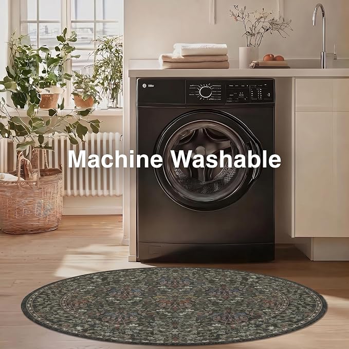 Office Chair Mat for Hardwood Tile Floor, Under Desk Carpet Protector for Rolling Computer Chair Mat, Round Washable Rugs 5ft Circle Area Rug, Anti-Slip 1/5" Thick Low Pile Thin Floor Mat, Moss Green