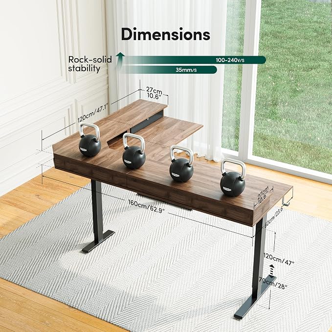 CubiCubi L Shaped Standing Desk with Drawers 63 x 48 Inch Adjustable Height, Electric Corner Desk with Storage, Sit Stand Home Office Desk with Splice Board, Black Walnut