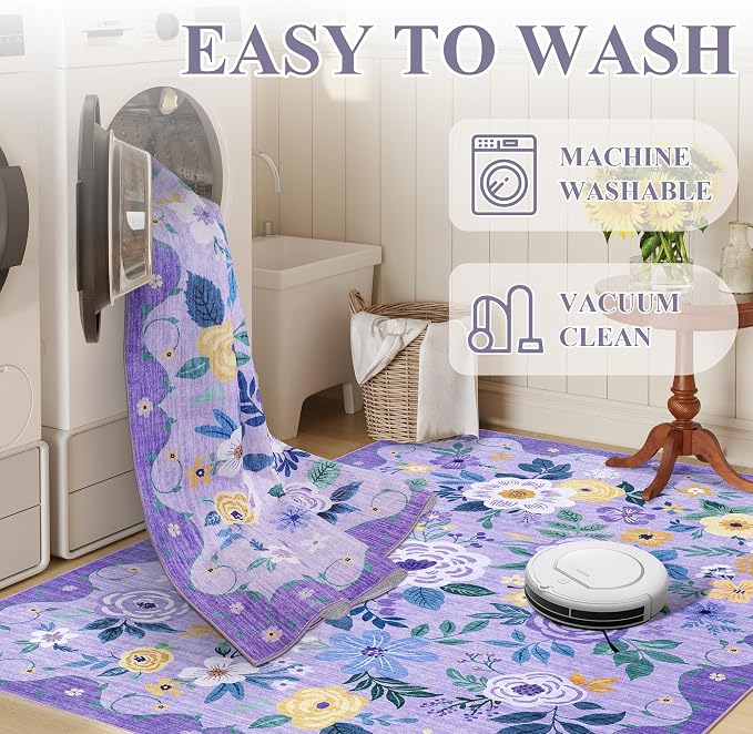 DUKINO 2x8 Runner Rug for Hallway, Washable Kitchen Runner Rug with Rubber Backing Non Slip, Low Pile Soft Boho Floral Thin Carpet for Entryway, Hallway, Bathroom, Laundry Room, Purple