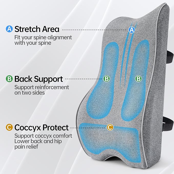 Plush Comfortable Memory Foam Lumbar Support Pillow - Soft Back Cushion for Office Chair, Car Seat, Gaming Chair - Ergonomic Lower Back Pain Relief with Adjustable Straps & Washable Cover-Grey