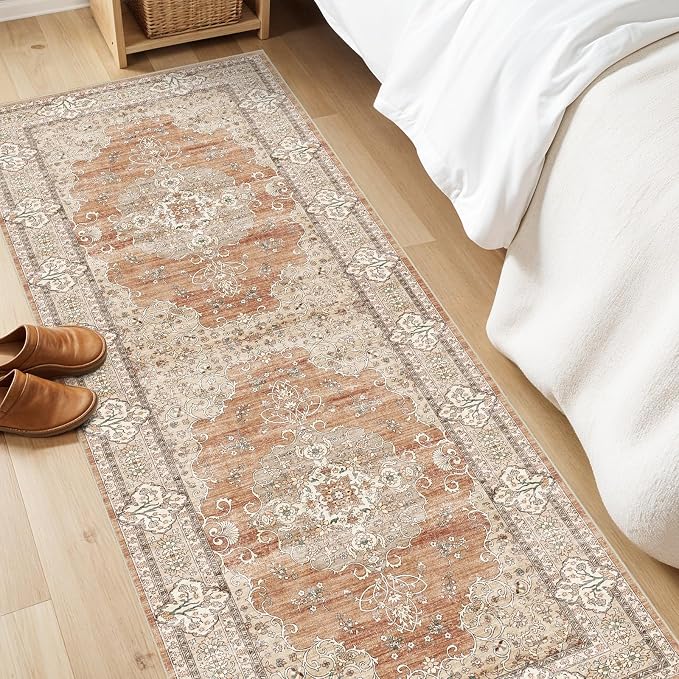2x6 Runner Rug for Hallway Washable: Non Slip Kitchen Rugs with Rubber Backing Soft Waterproof Mats Stain Resistant Indoor Vintage Carpet Runner for Bedroom Bathroom Laundry Entryway Brick/Terracotta