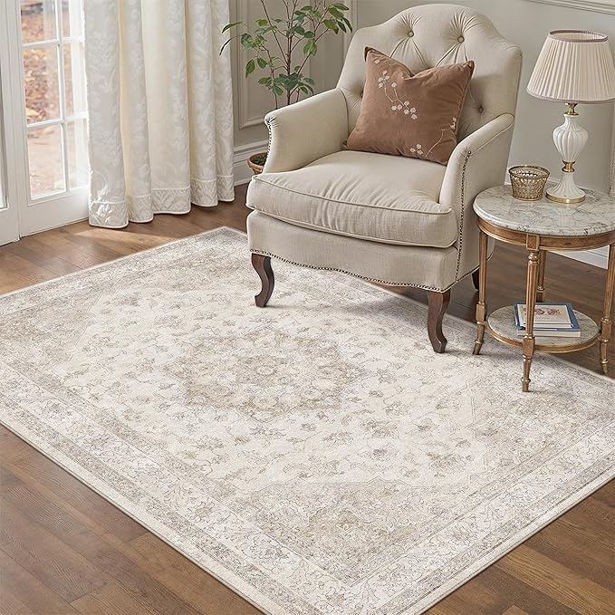 PureCozy Beige Area Rug 4x5 Washable Vintage Carpet Entryway Office Soft Retro Kitchen Low Pile Thin Door Mat Non Slip Oriental Medallion Throw Small Rug for Bathroom Bedroom Dining Living Room