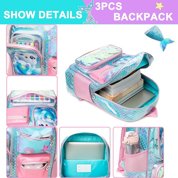 Meetbelify Cute Cat Backpack for Girls Backpack with Lunch Box Pencil Case for Elementary Student Kids School Bag for Girls Ages 6-8 Years Old