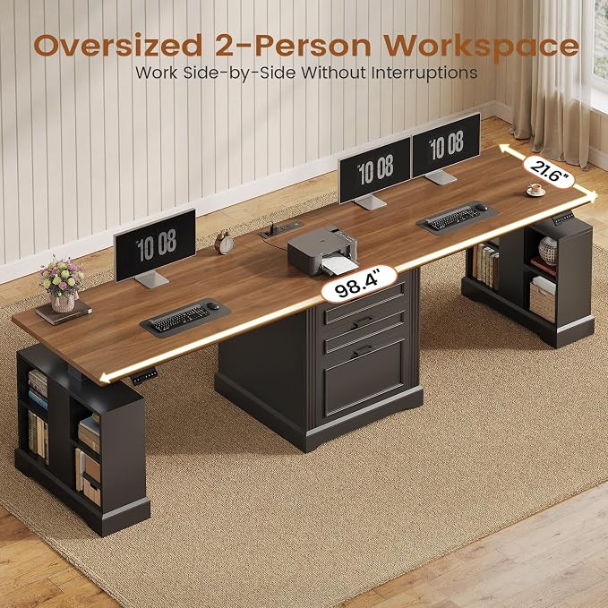 SEDETA Standing Two Person Desk, 98.4'' Farmhouse Long Computer Desk with 3 Drawers, Storage Cabinet, Electric Height Adjustable 2 Person Desk with Power Outlets for Home Office, Black+Brown