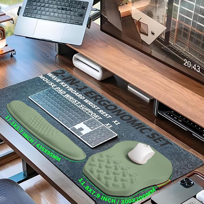 2-in-1 Ergonomic Set, Wave Keyboard Wrist Rest and Massage Slope Mouse Pad Wrist Support, Rebound Memory Foam for Relieve Carpal Tunnel Syndrome and Wrist Pain (Olive Green)