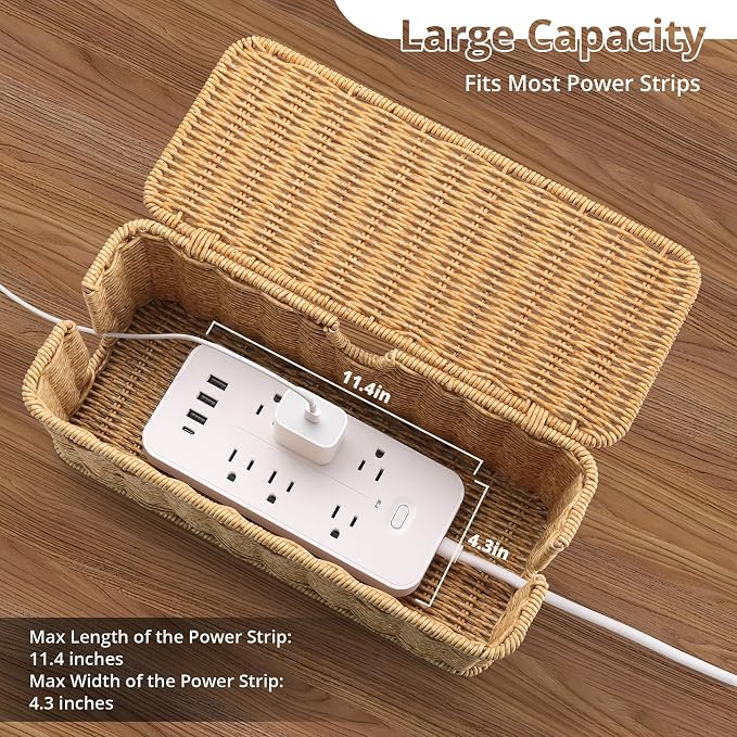 ZhiYo Rattan Cable Management Box, Brown Cord Organizer, 12.5" x 5" x 5.2" | Handwoven imitation rattan cord hider box conceals power strips and cables for a clean desk or floor setup