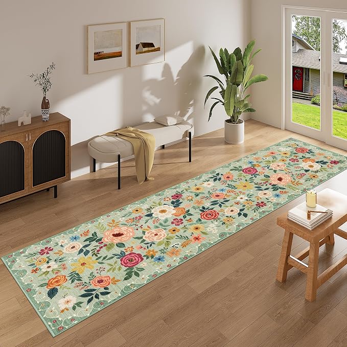 DUKINO 2x14 Runner Rug, Floral Long Washable Boho Kitchen Runner Rug with Non Slip Backing, Soft Non Shedding & Low Pile Carpet for Bedroom, Entrance, Laundry, Bathroom, Green