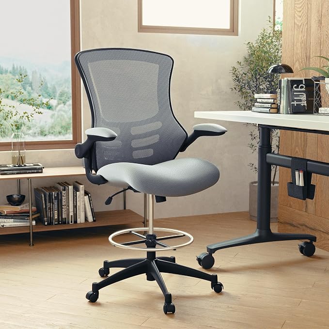 Flash Furniture Kelista Mid-Back Swivel Office Chair with Adjustable Seat Height, Ergonomic Mesh Desk Chair with Flip-Up Armrests, Dark Gray | Adjustable Foot Ring, Mid-Back, Flip-Up Arms, Mesh Back