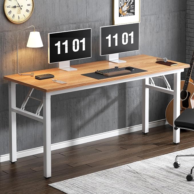 SogesHome 62 Inches Foldable Desk for Home Office, Large Compact Computer Table with Adjustable Leg Pads, No Assembly Needed Folding Writing Conference Desk Gaming Table for Small Spaces, Teak White
