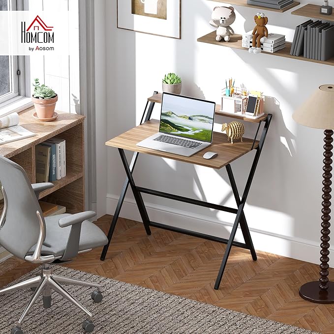HOMCOM Small Folding Desk, 32 Inch Foldable Computer Desk with Monitor Shelf, Space Saving Portable Writing Table for Small Spaces, Home Office, Study, Easy Assembly, Walnut