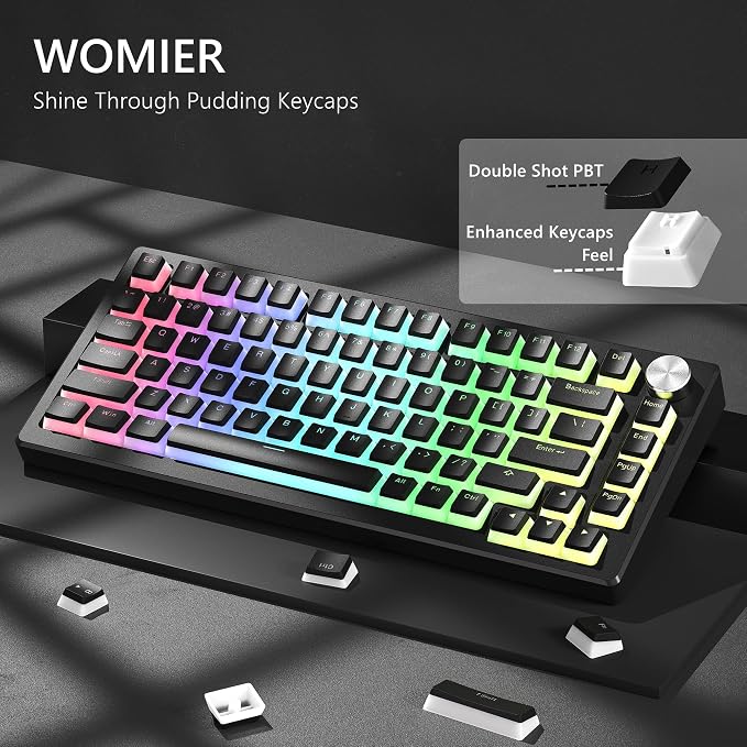 Womier Pudding Keycaps, Black PBT Keycaps 60 65 75 100 Percent 130 Keys, Shine Through Key Cap, OEM Profile for MX-stem Switches Keyboard Caps-Black