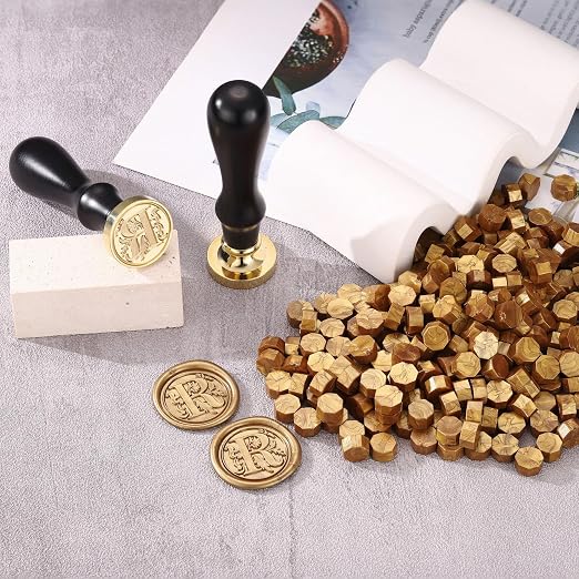 Yoption Traditional Initial Alphabet Wax Seal Stamp with 120 Antique Gold Wax Seal Beads Kit for Wedding Engagement Party Invitation Envelope Christmas Gift Wrap - Letter R