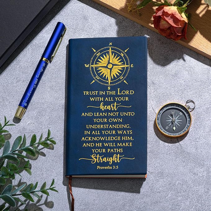 Fuyoooo 4 Pcs Baptism Gift Set for Men First Communion Gift Include Christian Journal Bible Notebook Engraved Compass and Religious Catholic Pen for Church Pastors