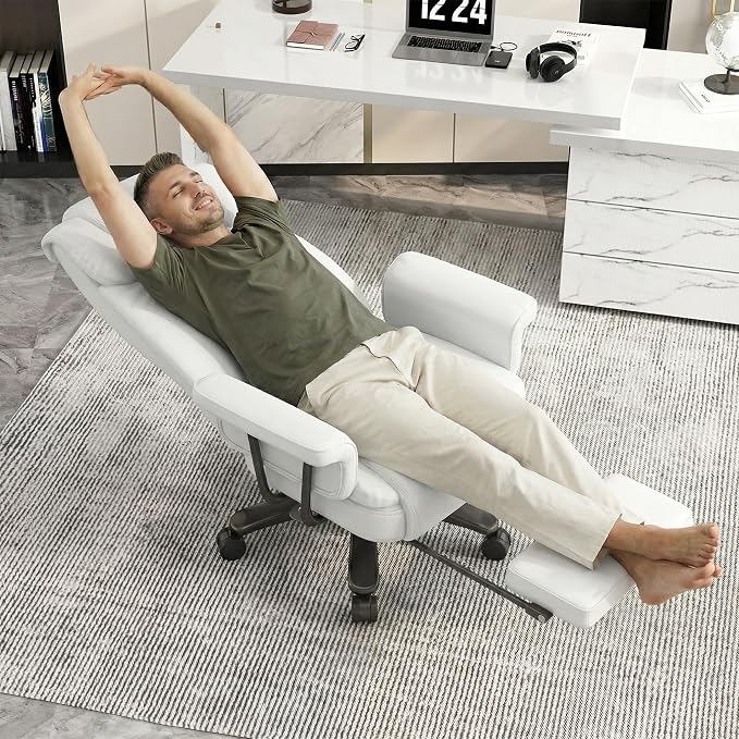 GYI 160 Reclining Office Chair with Footrest, Big & Tall Desk Chair, White | Cross Legged Seat, High Back, Faux Leather, Heavy Duty Base, Adjustable Height, for Home, Executive