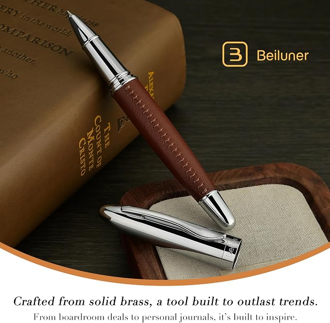 BEILUNER 318 Luxury Leather Pen, Hand-Stitched Premium Leather, Chrome-Plated Finish, Smooth Black Ink Refill, Fancy Rollerball Pen Gift Set for Men & Women, Executive Writing, Nice Designer pen
